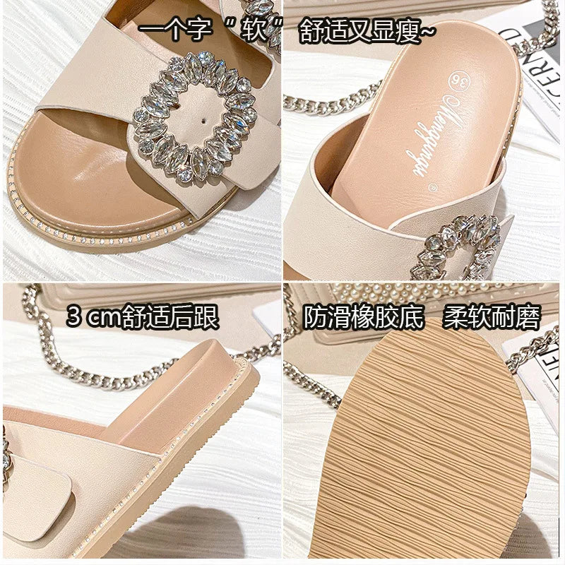 2025 Brand Rhinestone Buckle Sandals Women Double Band Slippers Crystal Shoes Ladies Casual Slides Slip On Flat Heels Flip Flops