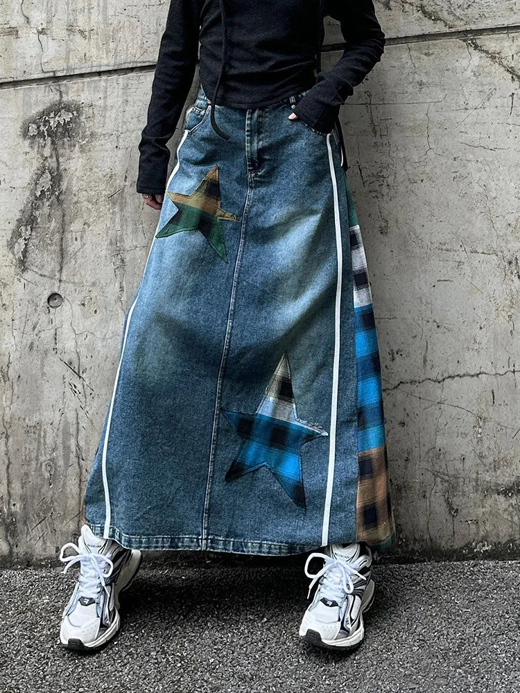 [EAM] High Elastic Waist Blue Back Plaid Denim Long A-line Half-body Skirt Women Fashion Tide New Spring Autumn 2025 1DH8117