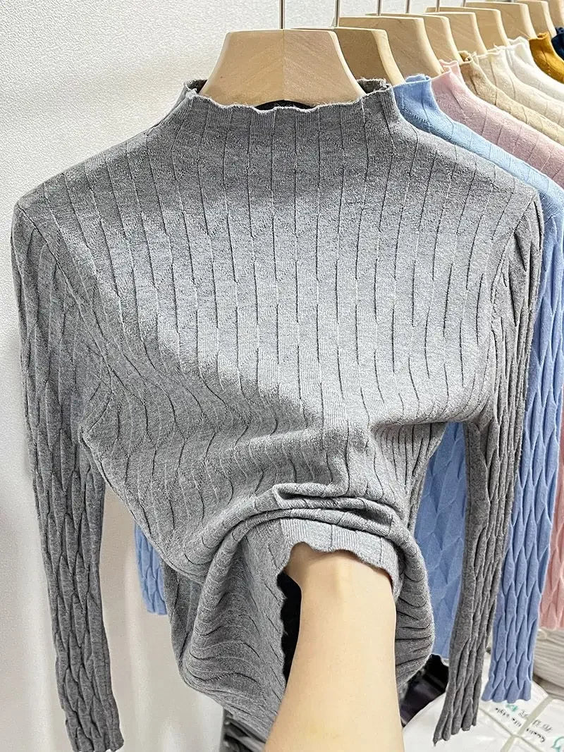2025 Slim Fit Knitted Base Pullovers Autumn Winter Turtleneck Sweater Women's Solid Long Sleeve Casual Ruched Sweater