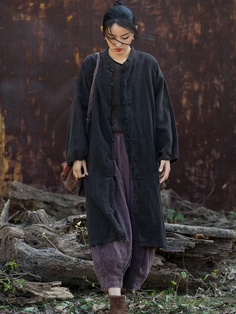 Women Casual Long Jackets New Arrival 2024 Autumn Vintage Style Stand Collar Solid Color Loose Female Cotton Linen Coats M244