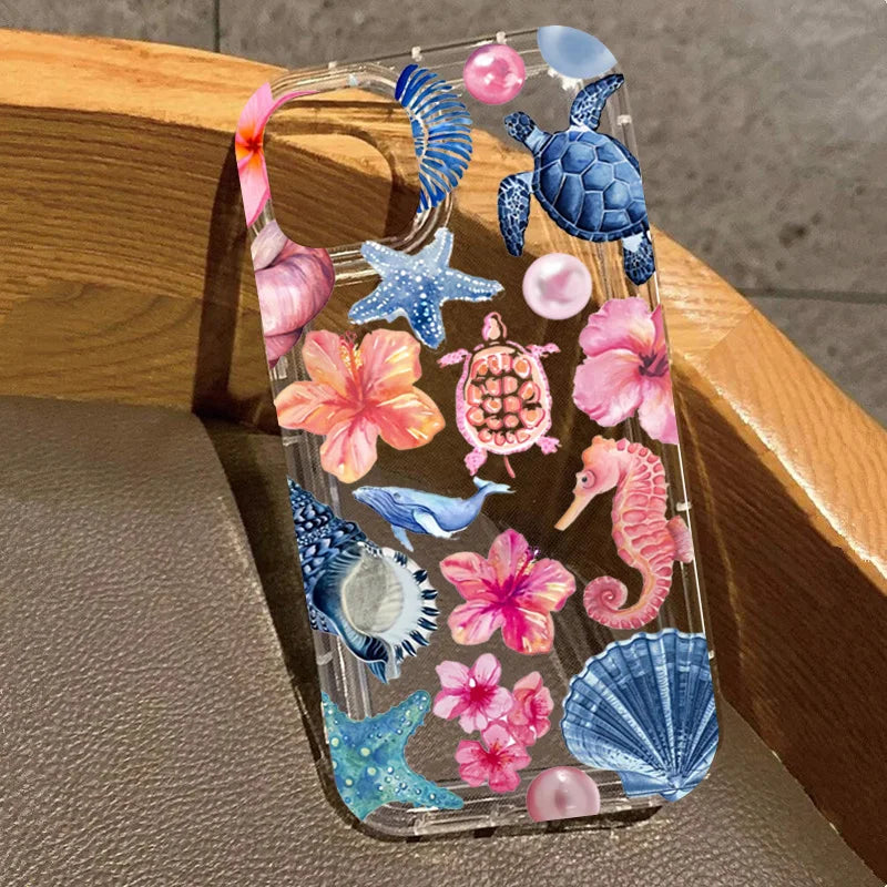 Transparent Turtle Lobster Coconut Print Case For iPhone 16E 16 15 14 13 12 11 Pro Max Mini Soft Covers