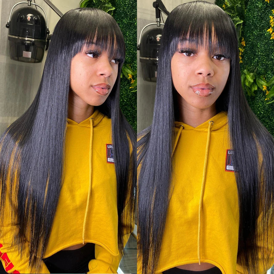 Wig With Bangs Short Bob Human Hair for Women Brazilian Natural Cheap Full Machine Made Wigs Straight 30 Inch Long Fringe Wig