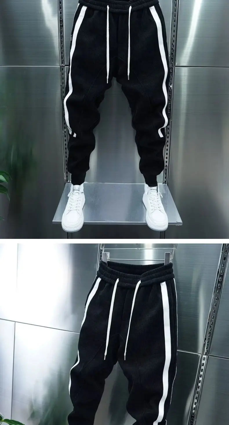 Fashion 2024 Autumn Winter New Black Jogger Men's Corduroy Pants Korean Elastic Waist Casual Pants Jogging Striped Harem Pants