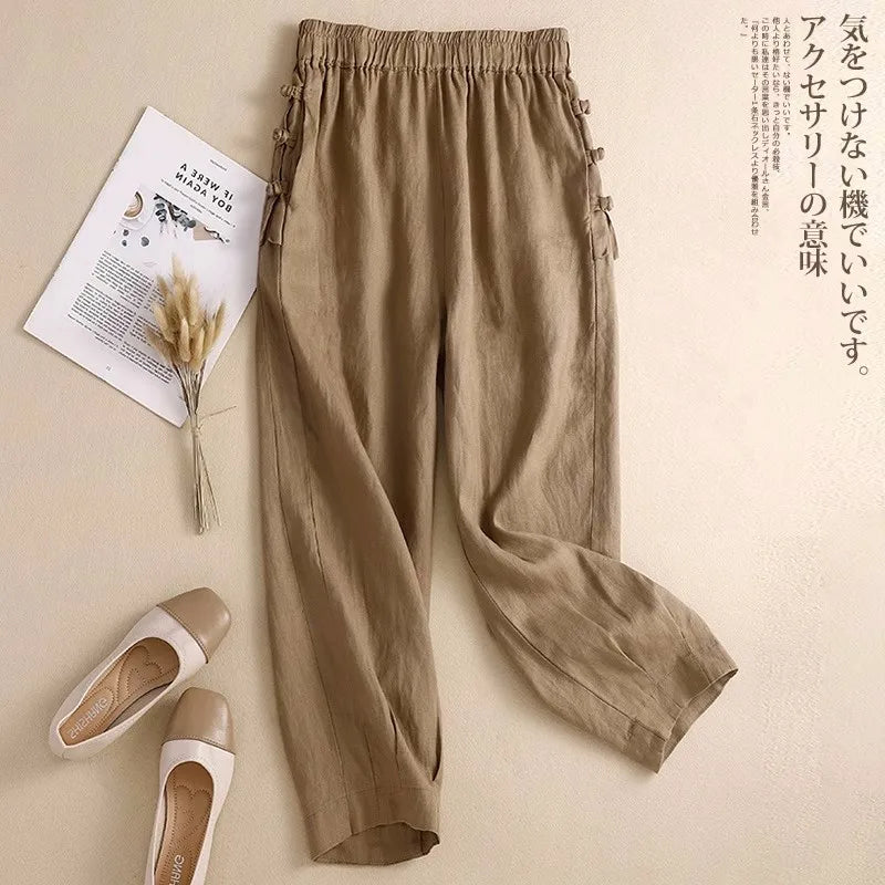 Japan Style Cotton Harem Pants Female Retro Buttons Casual Loose Ankle-Length Trousers for Women Pantalones Mujer