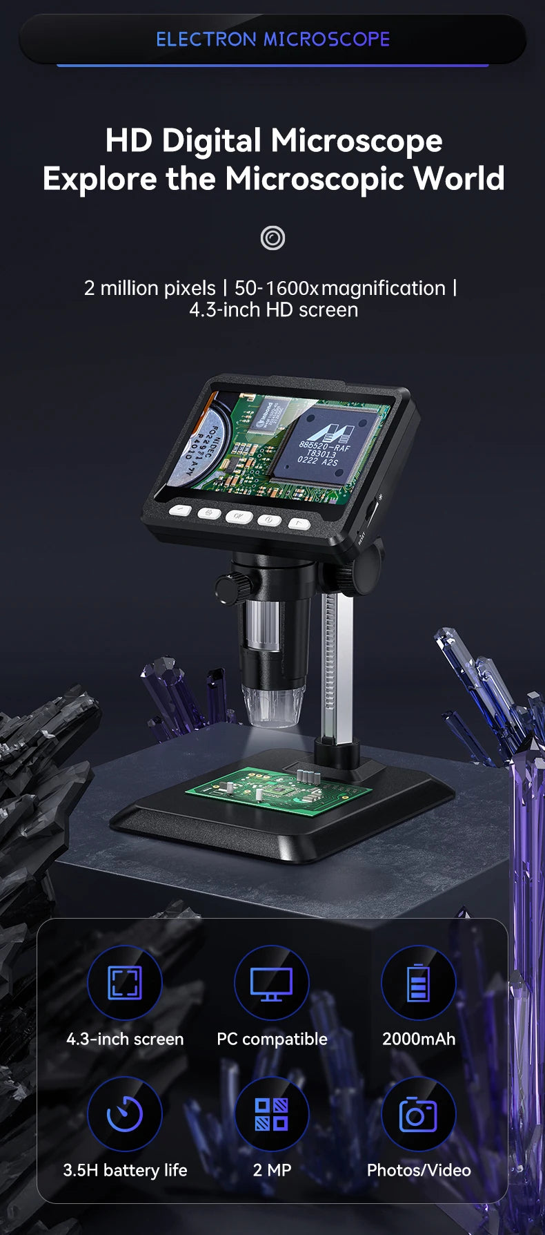 4.3 Inch IPS Digital Microscope 2MP HD Lens 1000X Magnification 8LED Adjust Light Electronic Microscopio Repair Coin Magnifier