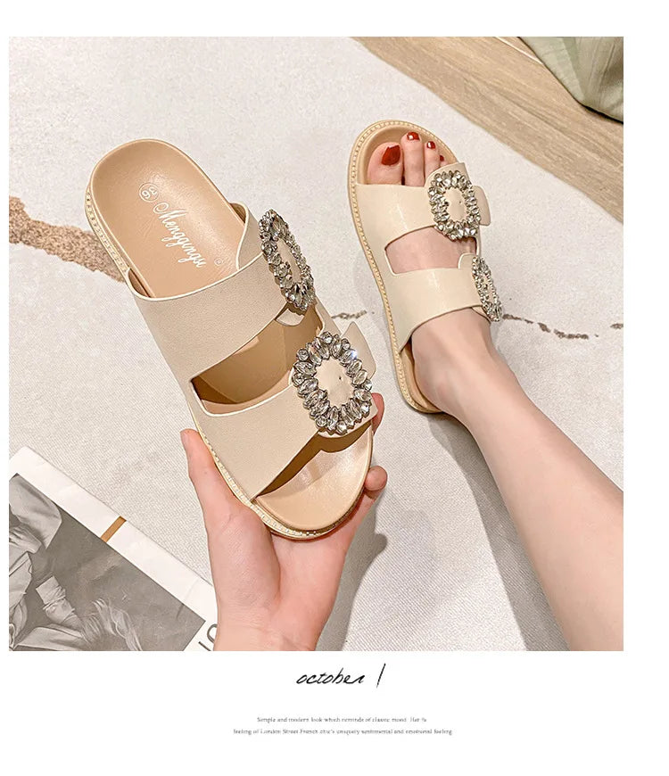 2025 Brand Rhinestone Buckle Sandals Women Double Band Slippers Crystal Shoes Ladies Casual Slides Slip On Flat Heels Flip Flops