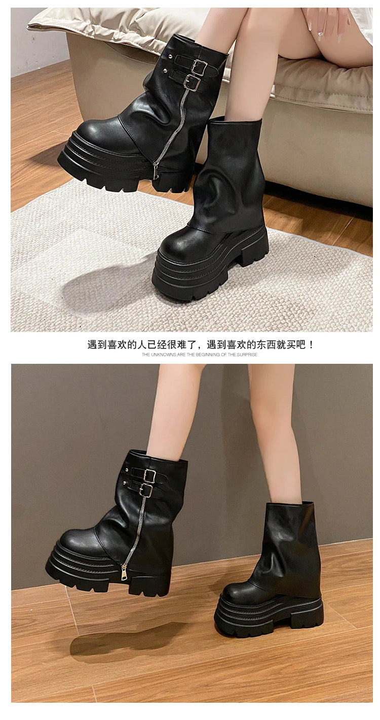 10CM Winter Warm Chunky Short Boots Women High Heels New Mid Calf Leather Sneakers Trend Buckle Motorcycle Boots Fur Snow Shoes