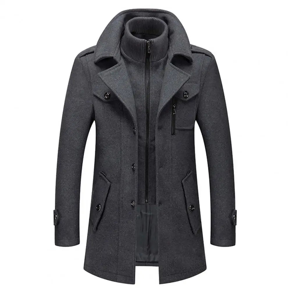 Stylish  Coat Temperament Zipper Buttons Coat Solid Color Autumn Winter Men Jacket for Business