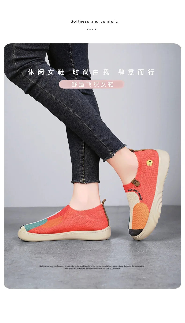 Spring and summer women's breathable knitted sports shoes, casual sponge shoes, lightweight mesh low top shoes  platform boots