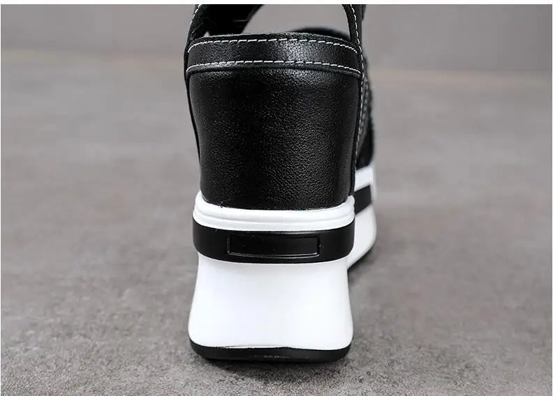 10cm Air Mesh Genuine Leather Platform 2025 Wedge Flats Sneakers Hook Summer Women Comfy Fashion Chunky Sneaker Sandals Shoes