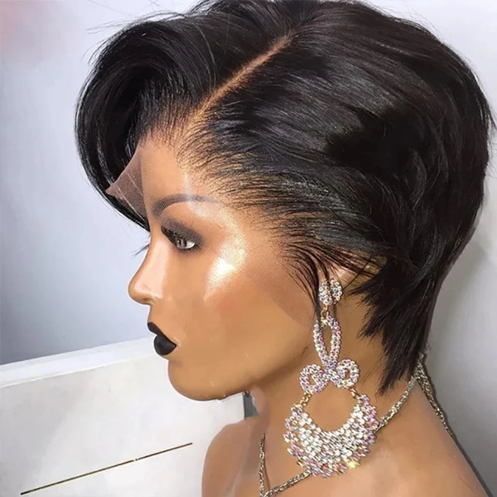 Malaysian 13x4 Lace Wig Side Part Pixie Cut Wigs 100% Human Hair Side Part Straight Bob Wig Transparent Lace For Black Women