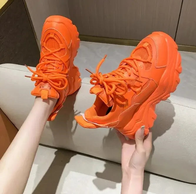 Autumn Orange Platform Sneakers Thick Sole Wedge Heels Women Casual Shoes Lace-up Slip On 2025 Ladies Height Increasing Shoes