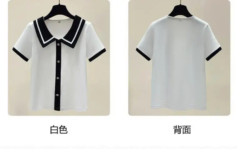 Summer Elegant Loose Polo-neck Knit Pullover Women Fashion Patchwork Button Short Sleeve T-shirt Office Lady Chic Tops 40-100Kg