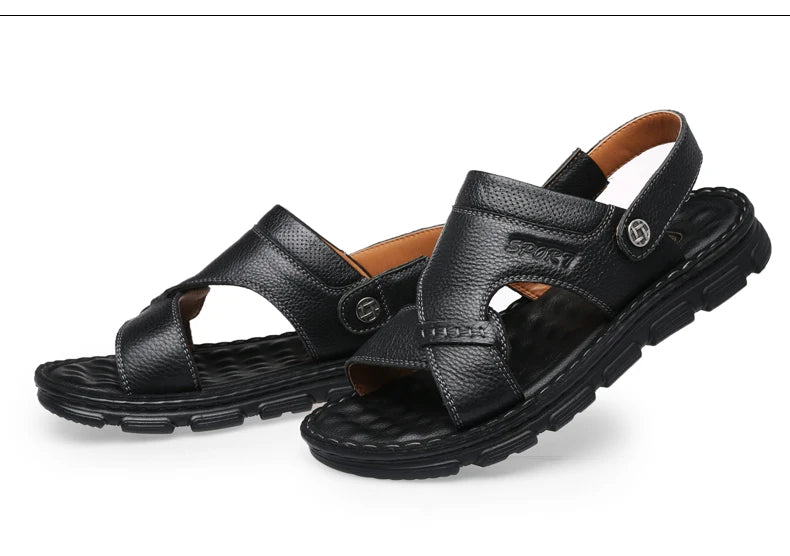 LAORENTOU cowhide breathable outdoor leisure beach shoes, anti slip thick sole leather sandals for external wear