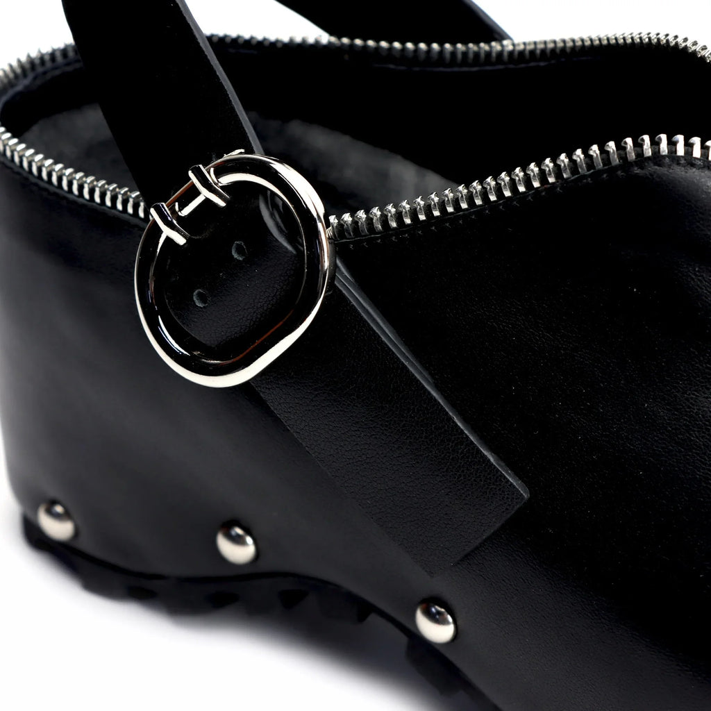 Black Leather Slip-On Vintage Shoes Handmade Women's Leather Platform Clogs with Arch Support, Zipper Detail, Studded Mules