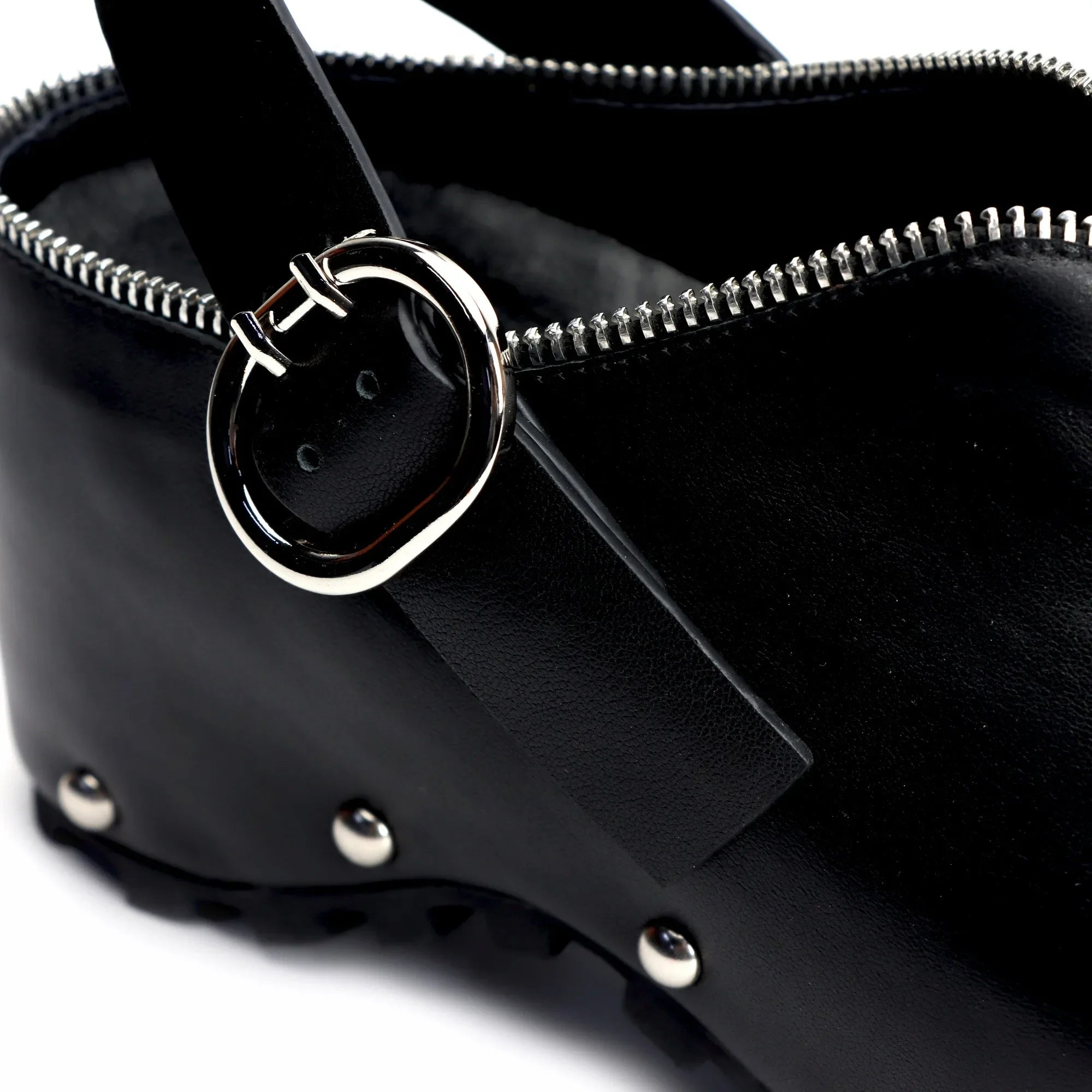 Black Leather Slip-On Vintage Shoes Handmade Women's Leather Platform Clogs with Arch Support, Zipper Detail, Studded Mules