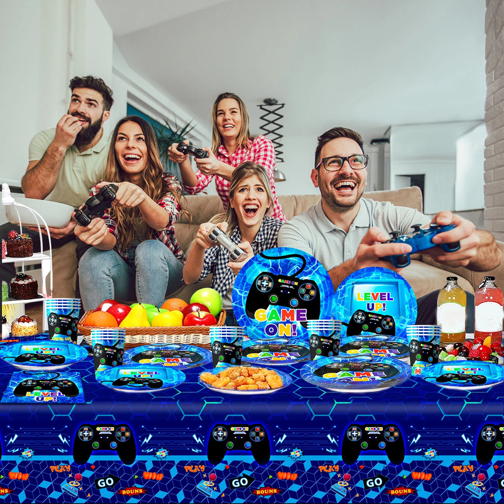 Gamer Birthday Decorations Blue, 65pcs Gaming Party Tableware Set - Game Themed Party Plate Cups Napkins Tablecloth etc