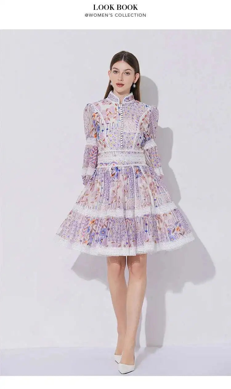 Elegant Long Sleeve Floral Short Dresses Shirt For Women Summer Autumn Holiday Hollow Out Printed Party Dress