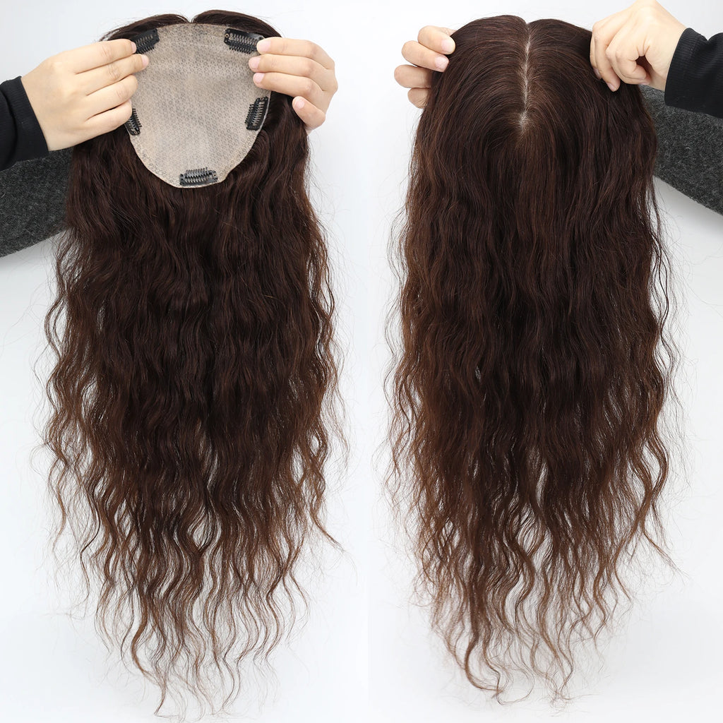Silk Skin Base Topper with Clips in #4 Medium Brown Real Virgin European Human Hair Toupee for Women 6x6" Silk Top Hairpieces