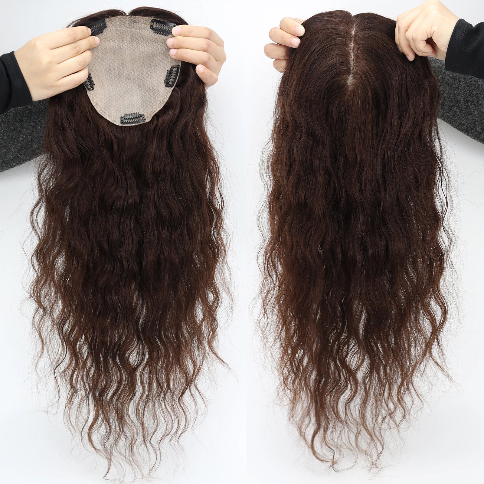 Silk Skin Base Topper with Clips in #4 Medium Brown Real Virgin European Human Hair Toupee for Women 6x6" Silk Top Hairpieces