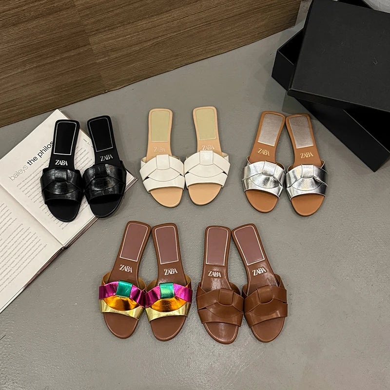 2025Summer New Style Women's Designer Brand Open Toe Flat Slippers Woven Comfortable Women's Shoes Casual Slippers Women's Shoes