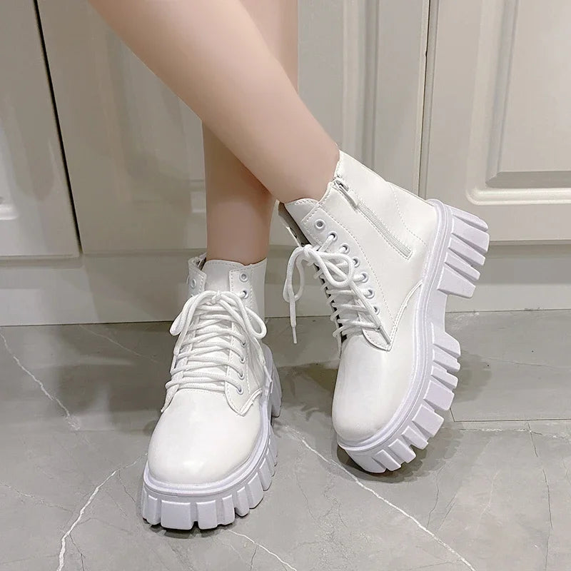 2024 White New Women Ankle Boots  Autumn Winter Platform Zipper Women Punk Boots Thick Sole Lace Up Combat Booties Female Mujer