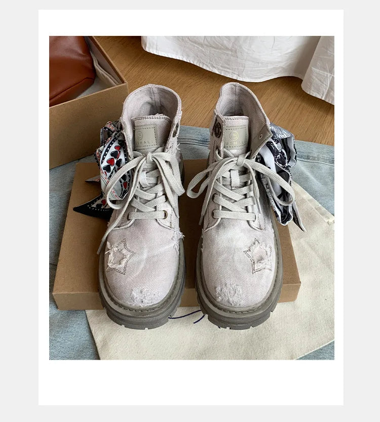 Women's Boots  New Thick Sole Breathable Ribbon Strap Short Boots Anti Slip Lace-up Height Increasing Fashion Boots