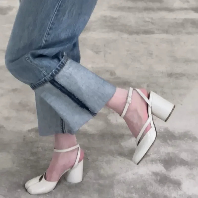 Ins style Fashion Patent Leather Split Toe Women Pumps Spring Summer Thick High heels Slingbacks Female Tabi Chunky Casual Shoes