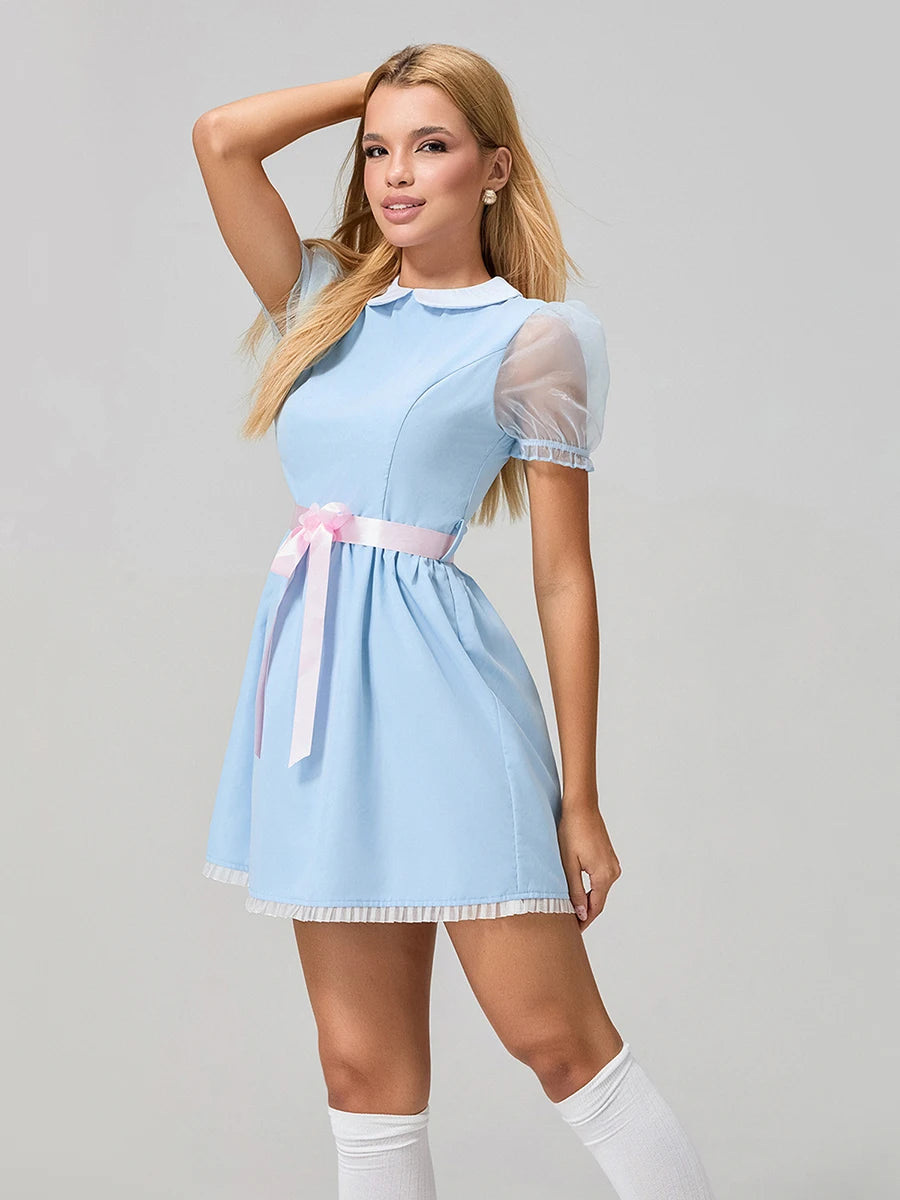 Women Summer Mini Sweet Dress Short Sheer Mesh Sleeve Doll Collar Dress with Belt