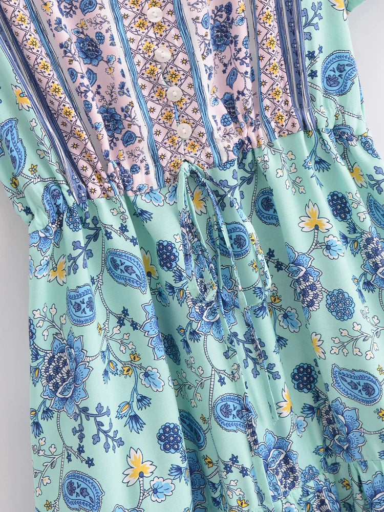 Boho Queens Women Wild Floral Print Deep V-neck Summer Bohemian Mini Dresses Robe Lady Short Sleeve Beach Boho Dress Vestidos