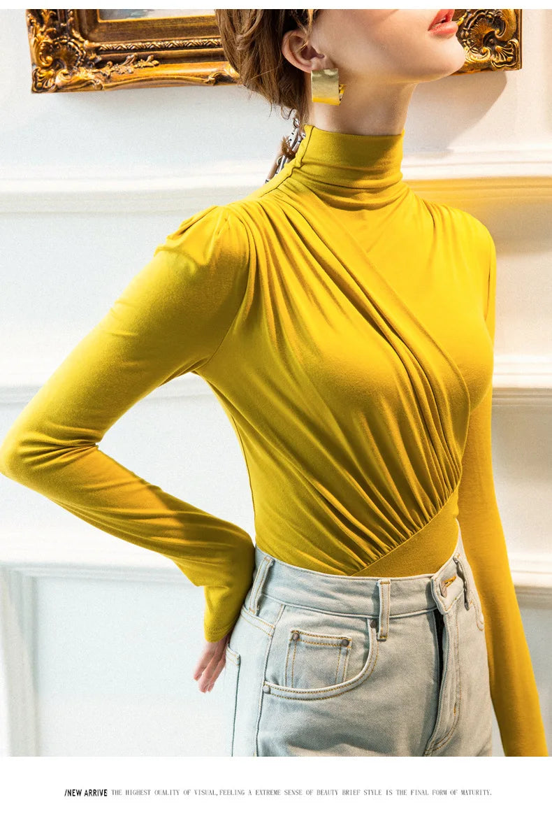 EVNISI Women Casual Thickening Warm Shirt Elegant Office Long Sleeved T-shirt Mock Neck Women Bottoming Tops 2024 Autumn Winter