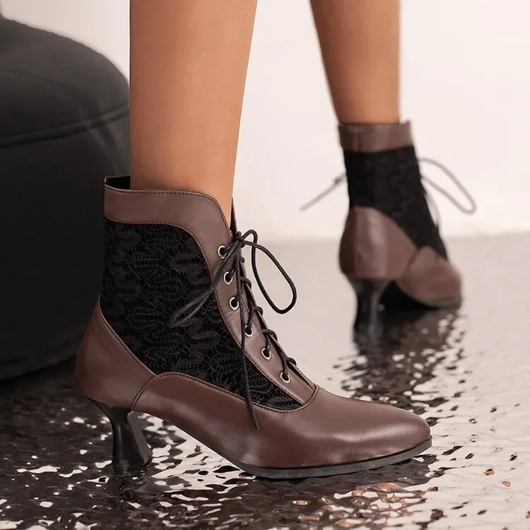 Women Victorian Ankle Boots Leather Lace Heel Shoes for women  Fashion Lace Up Spliced Ladies High Heels Woman Boots Ankle 46