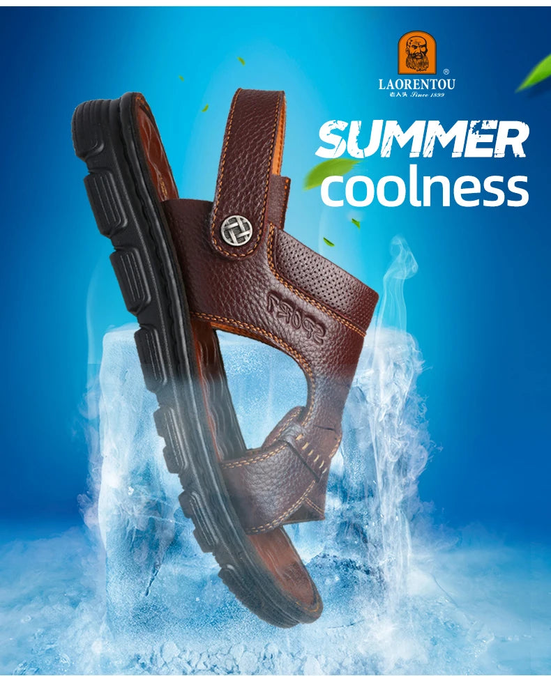 LAORENTOU cowhide breathable outdoor leisure beach shoes, anti slip thick sole leather sandals for external wear