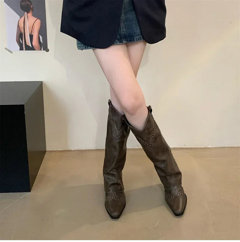 Woman Cowgirl Boots Fashion Slip on Ladies Elegant Square Heel Long Pipe Botas Shoes Retro Women's Spring Autumn Boot Footwear