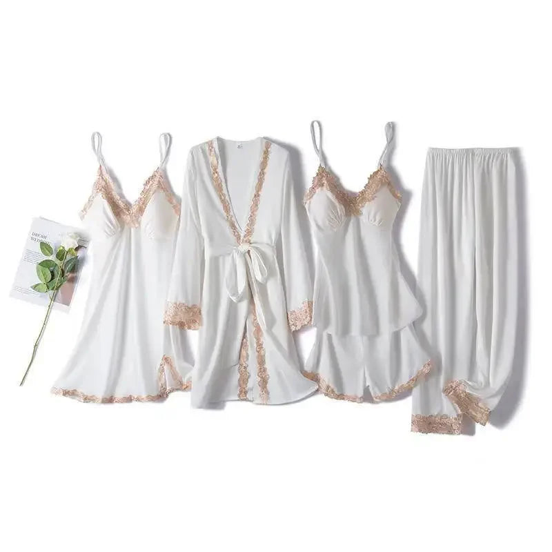 Pink Pajamas Sets Womens Strap Top Pants Sleepwear Suit Spring Autumn Home Wear Nightwear Kimono Robe Bath Gown M-XXL