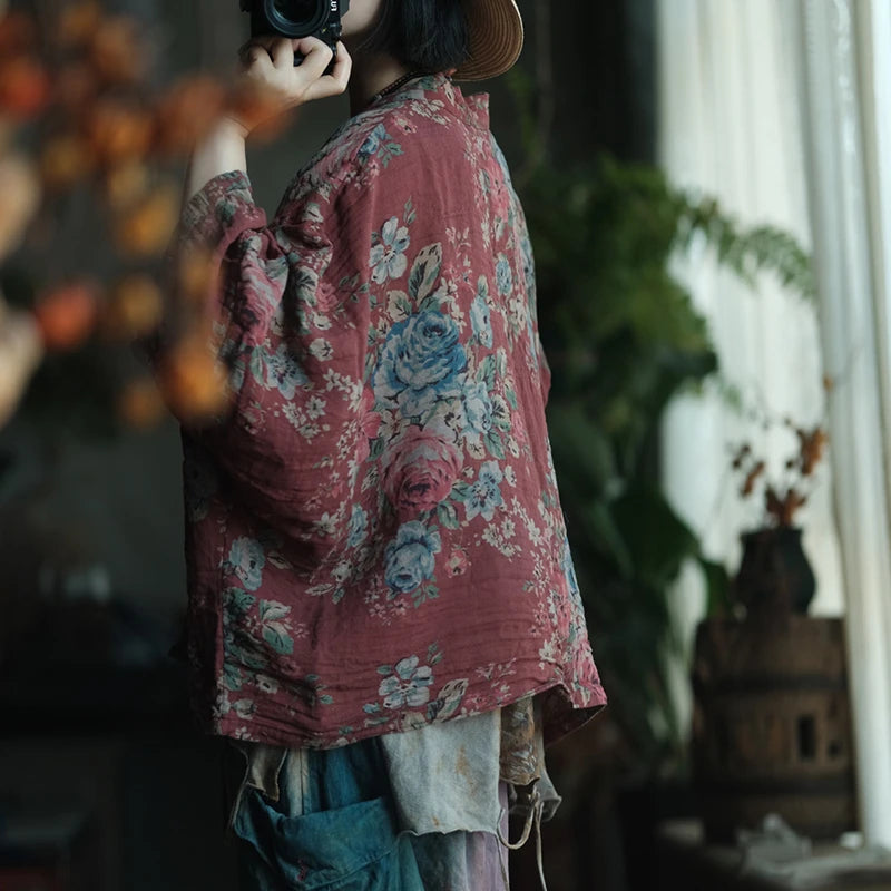 Oversized Women Casual Cotton Shirt New 2025 Spring Vintage Style Floral Print Loose Female Batwing Sleeve Tops Shirts M1391