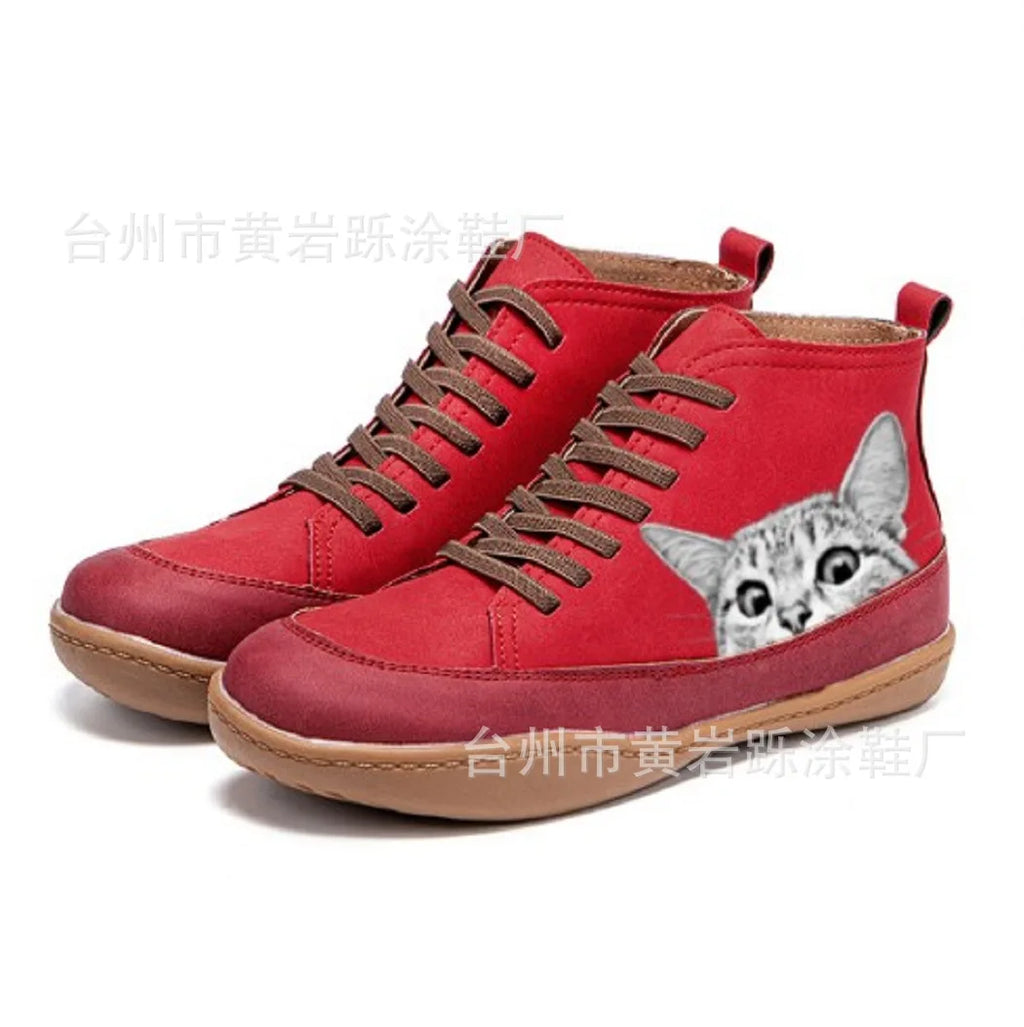 2025 European and American fashion women's mid-high boots comfortable big round toe short boots cat pattern print2025