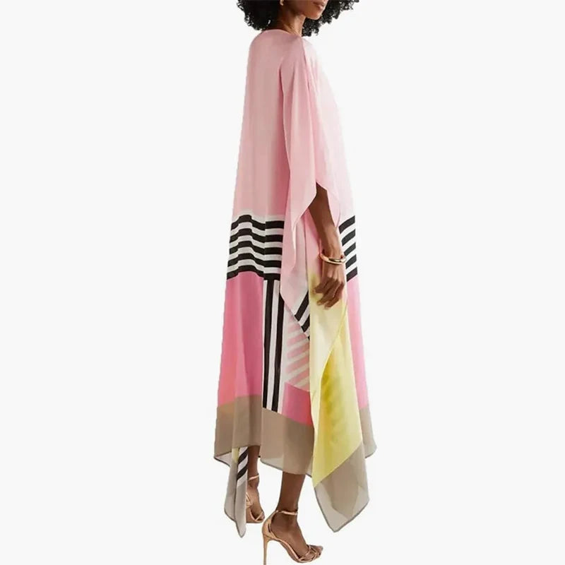 Candy Stripe Print Patchwork Kaftan Dresses Women’s Spring Round Neck Irregular Long Dress Summer Batwing Sleeve Boho Maxi Dress