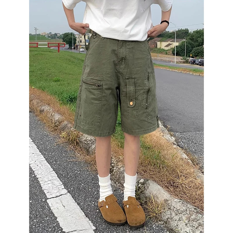 ZHIZOU Women Cargo Short Jeans American Vintage Y2K Straight Streetwear Wide Leg Pants High Waist Summer Knee Length Denim Short