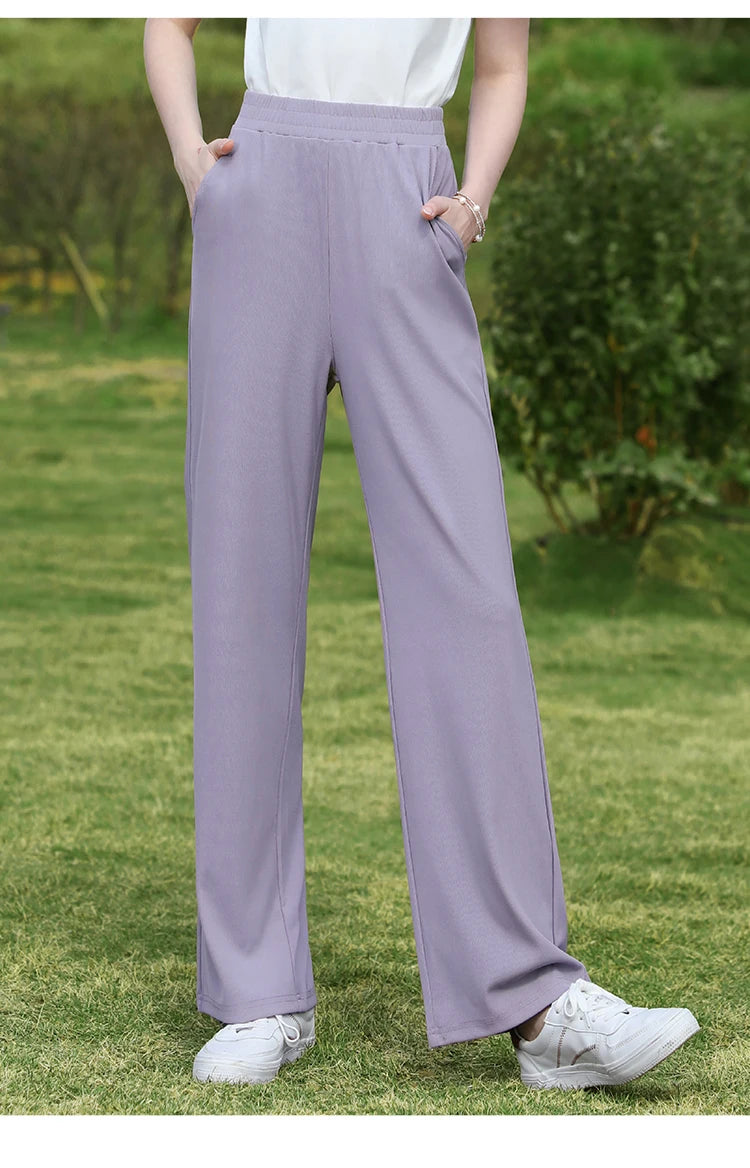 I BELIEVE YOU Wide Leg Pants Women 2024 Spring Summer New High Drape Pants Elastic High Waist Knitted Casual Trousers 2241045612