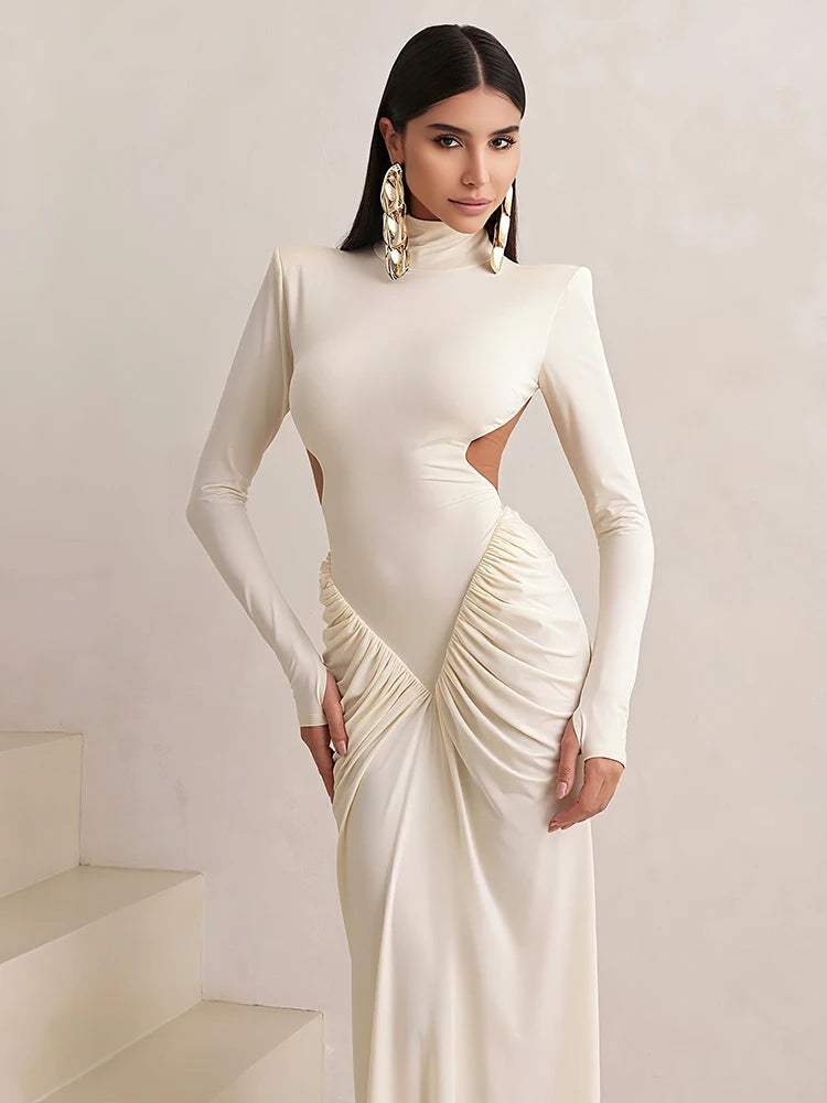 Cutenew High Street Women Maxi Dress Classic Sexy Backless Straight Shoulder Full Sleeve Ruched Bodycon Mujer Evening Vestidos