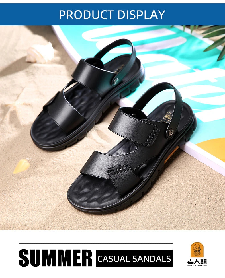 Laorentou Genuine Leather Summer Casual Beach Shoes, Cowhide Soft Soles, Anti Slip, Dual-Purpose Sandals for External Wear2050606