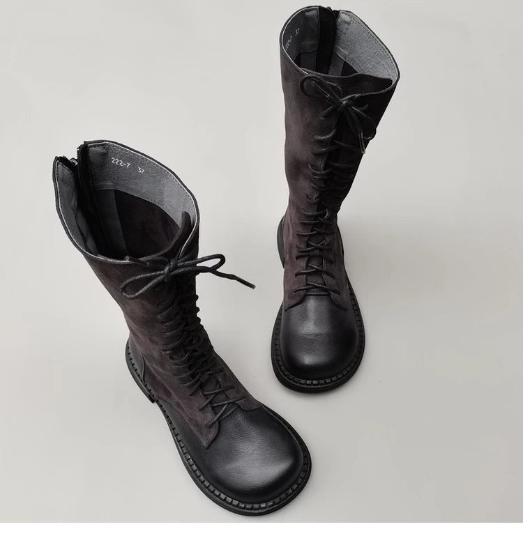 Autumn 2024 Shoes Long Noses Riding Boots Natural Leather Wide Toe Women's Boots Kne-High Cowhide Suede Single Lace-up booties