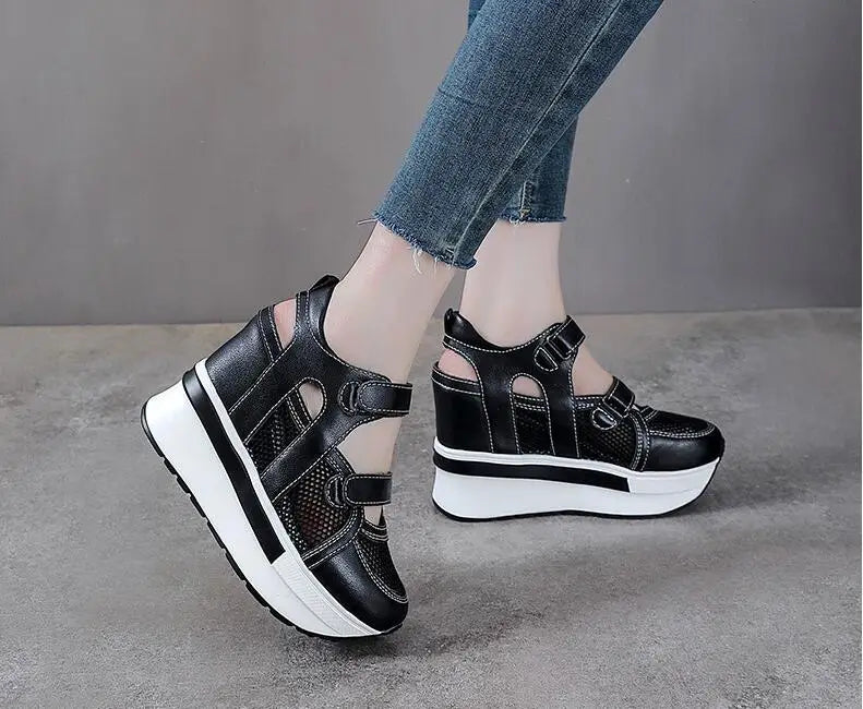 10cm Air Mesh Genuine Leather Platform 2025 Wedge Flats Sneakers Hook Summer Women Comfy Fashion Chunky Sneaker Sandals Shoes