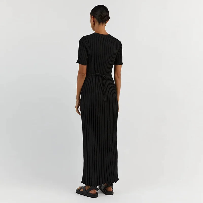 Knitted Women Long Dress Short Sleeve Pleated Lady Dresses 2024 Fashion Autumn Winter Hip Package O Neck Female Vestidos