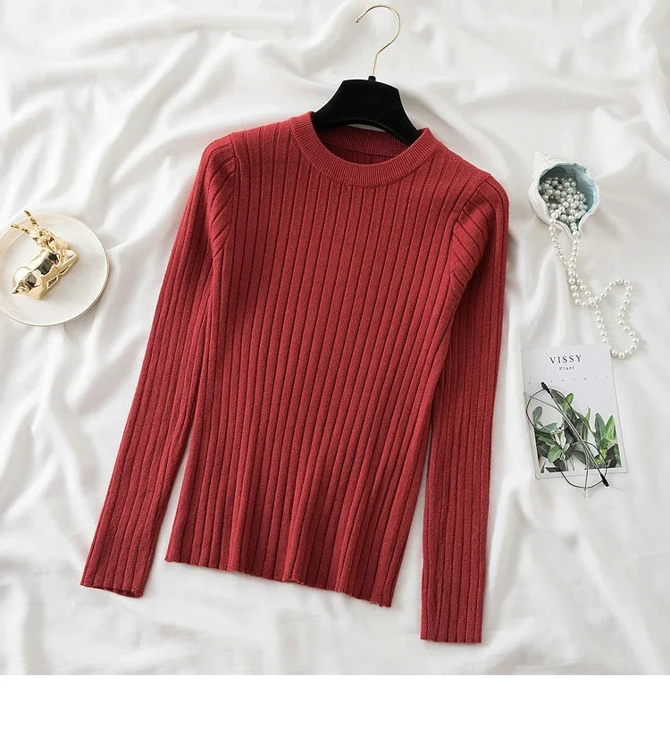 Autumn Winter 2025 Tops Pullovers Women Sweaters Knit Soft Jumper Tops O-Neck Ribbed Long Sleeve Korean Slim-fit Female Sweater