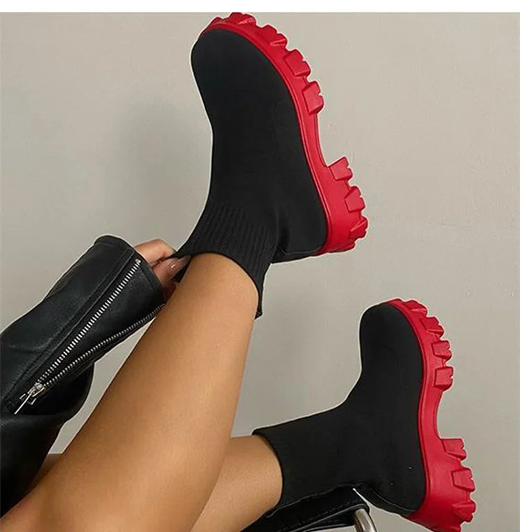 Women Boots Short Knitting Platform Boots Autumn Winter Shoes For Women Ankle Boots Heels White Winter Botas Mujer