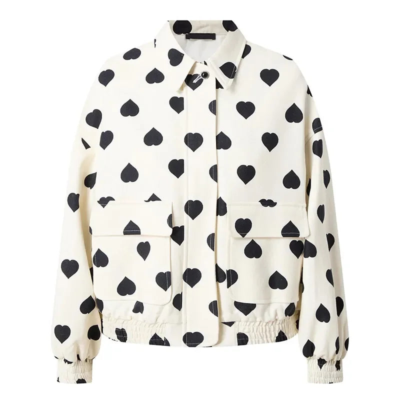 Autumn Female Commuting Streetwear Elegant Black Polka Hearts Bomber Jacket Women Fashion Long Sleeve Flips Pocket Zipper Coat