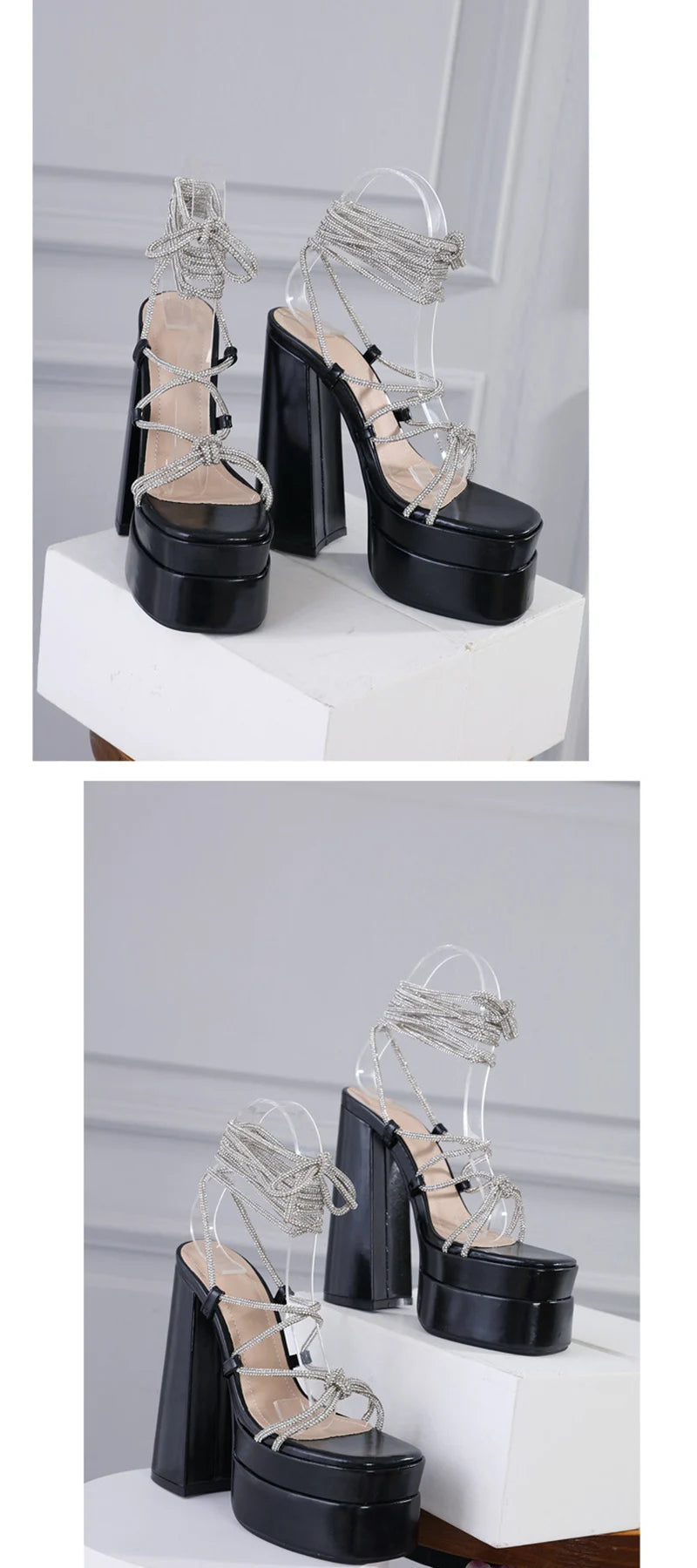 MM2025 New Arrival Rhinestone Embellished Knot T-Strap Heels Roman Peep-toe Summer Sandals Shiny Perfomance Anniversary Footwear