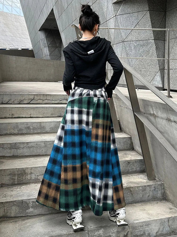 [EAM] High Elastic Waist Blue Back Plaid Denim Long A-line Half-body Skirt Women Fashion Tide New Spring Autumn 2025 1DH8117